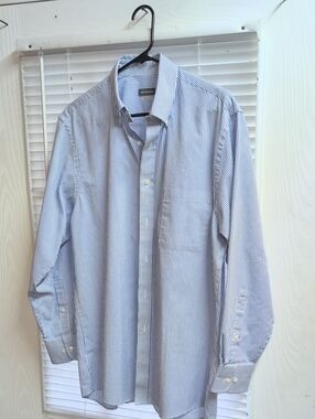 Van Heusen (Large) Men's Blue and White Pinstripe Dress Shirt